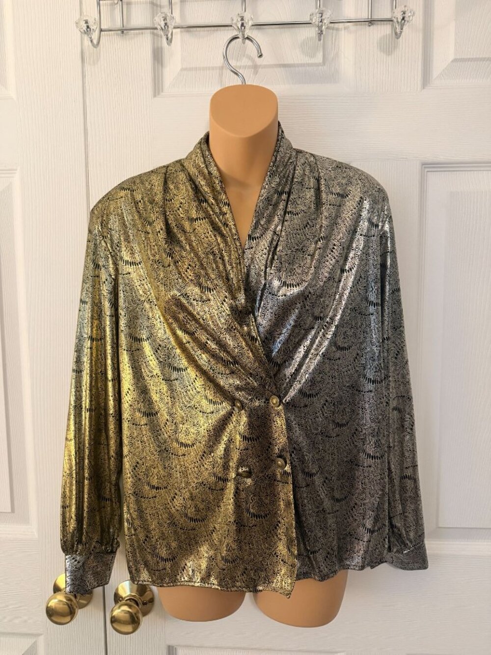 Vintage Notations Gold and Silver Double Breasted Blouse Size 8